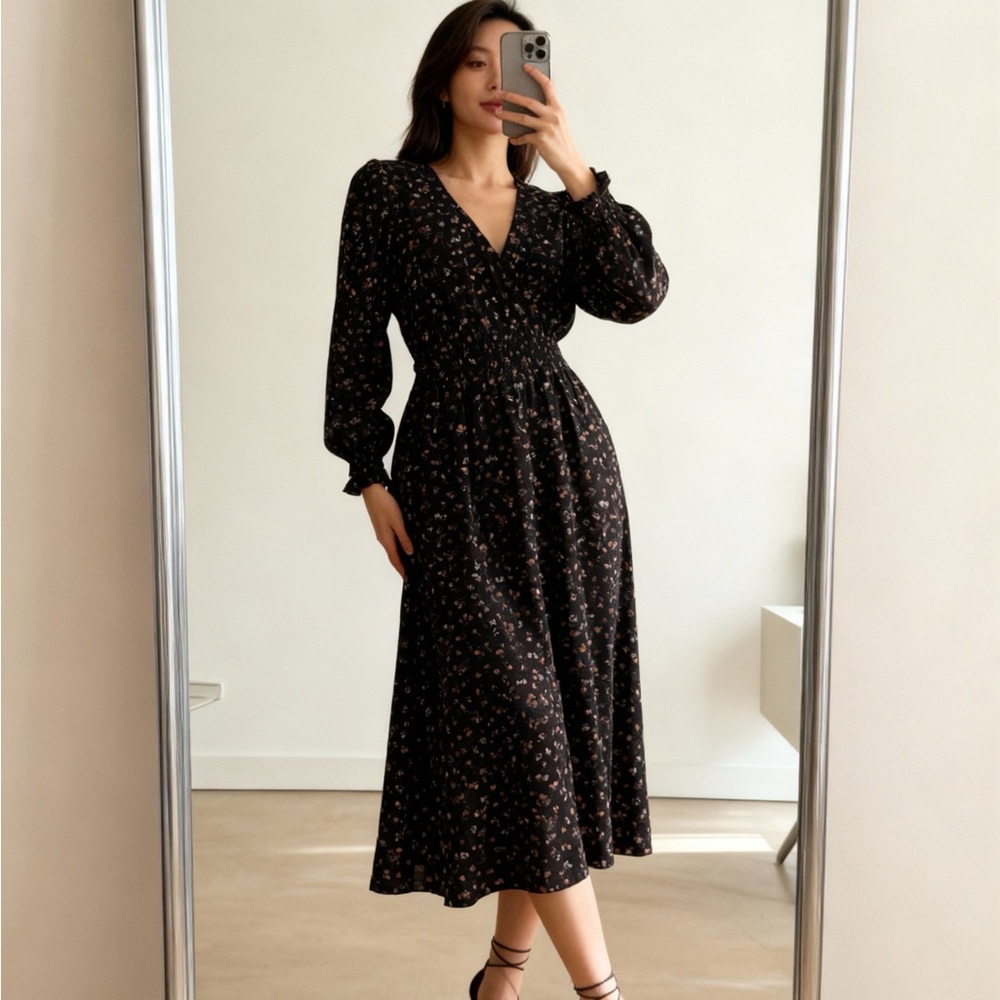 SHEIN Black Floral Smocked Midi Dress – Romantic Everyday Elegance